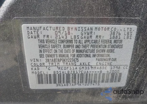 2019 Nissan Sentra S from USA, damaged, VIN 3N1AB7AP9KY227475